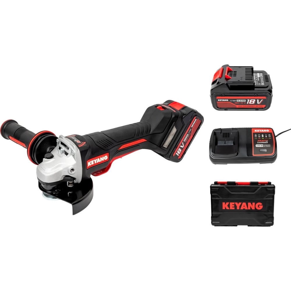 Изображение товара Профессиональная аккумуляторная угловая шлифмашина KEYANG DG20BLH-125PV (Set) с двух аккумуляторов