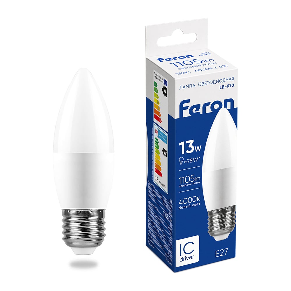 Изображение товара Светодиодная лампа FERON LB-970, 13W, 230V E27 4000K свеча 38111