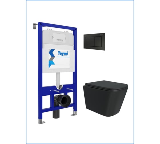 Изображение товара Комплект Готовое решение: Инсталляция Aina 52 + клавиша смыва Aina черная + подвесной унитаз с микролифтом Helmi черный + крепеж Teymi T70794 ЦБ-00272602