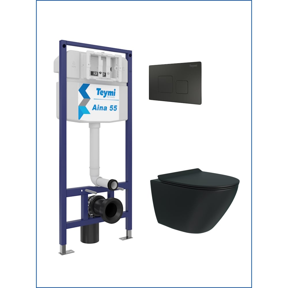 Изображение товара Подвесной унитаз безободковый Teymi Lina Pro черный с инсталляцией 5 в 1