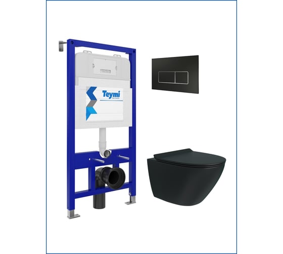Изображение товара Инсталляция с унитазом комплект 5 в 1 Teymi унитаз подвесной безободковый торнадо черный Lina Pro Vortex Black кнопка черная / хром F14963 ЦБ-00272600