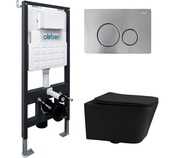Изображение товара Комплект подвесной унитаз ABBER Rechteck AC1201MB черный матовый с инсталляцией AC0105 и кнопкой AC0121MCH матовый хром AC1201MB-AC0105-AC0121MCH