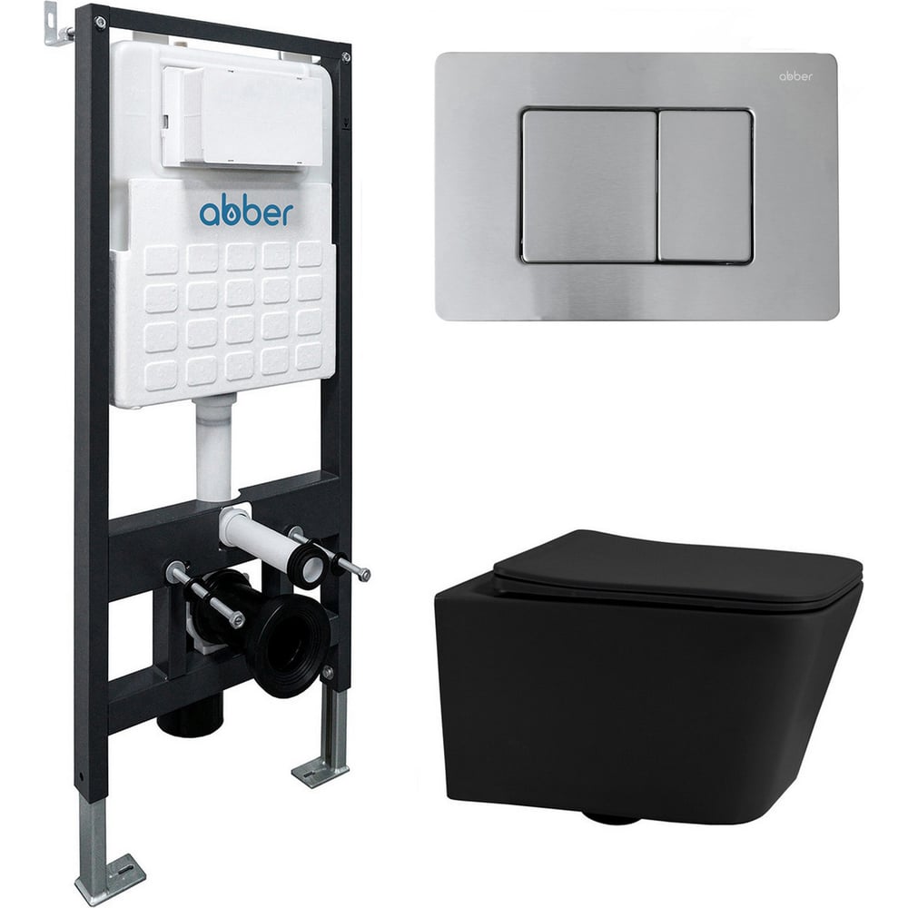 Изображение товара Комплект подвесной унитаз ABBER Rechteck AC1201MB черный матовый с инсталляцией AC0105 и кнопкой AC0120MCH матовый хром AC1201MB-AC0105-AC0120MCH