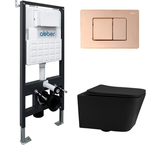 Изображение товара Комплект подвесной унитаз ABBER Rechteck AC1201MB черный матовый с инсталляцией AC0105 и кнопкой AC0120RG золото розовое AC1201MB-AC0105-AC0120RG