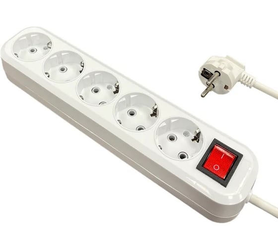 Изображение товара Удлинитель бытовой с зеземлением NVO ПВС 3x1,5 мм2 ГОСТ 10А с выключателем 5 розеток 1,5 метра NVO-USH-K-PEN-PVS-315-5-1