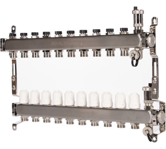 Изображение товара Коллектор ROYAL THERMO нержавеющая сталь, в сборе, универсальный, 1 ВР-3/4 НР, с автоматоматическими воздухоотводами, 10 выходов НС-1665634