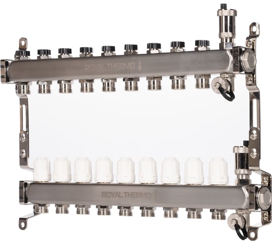Изображение товара Коллектор ROYAL THERMO нержавеющая сталь, в сборе, универсальный, 1 ВР-3/4 НР, с автоматоматическими воздухоотводами, 9 выходов НС-1665644