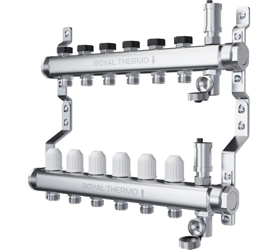 Изображение товара Коллектор ROYAL THERMO нержавеющая сталь, в сборе, универсальный, 1 ВР-3/4 НР, с автоматоматическими воздухоотводами, 8 выходов НС-1665643