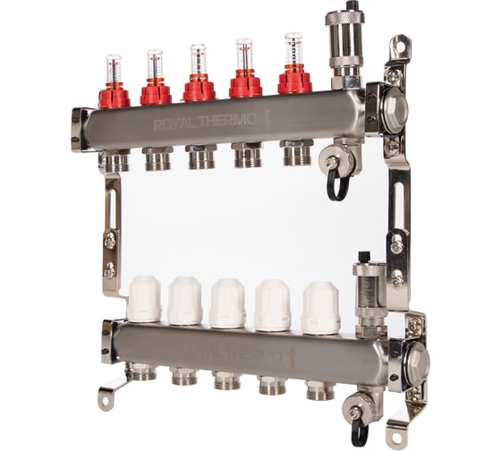 Изображение товара Коллектор ROYAL THERMO нержавеющая сталь, в сборе, с расходомерами, 1 ВР-3/4 НР, с автоматоматическими воздухоотводами, 4 выхода НС-1665625