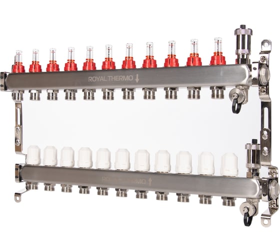 Изображение товара Коллектор ROYAL THERMO нержавеющая сталь, в сборе, с расходомерами, 1 ВР-3/4 НР с автоматическими воздухоотводами 11 выходов НС-1665632