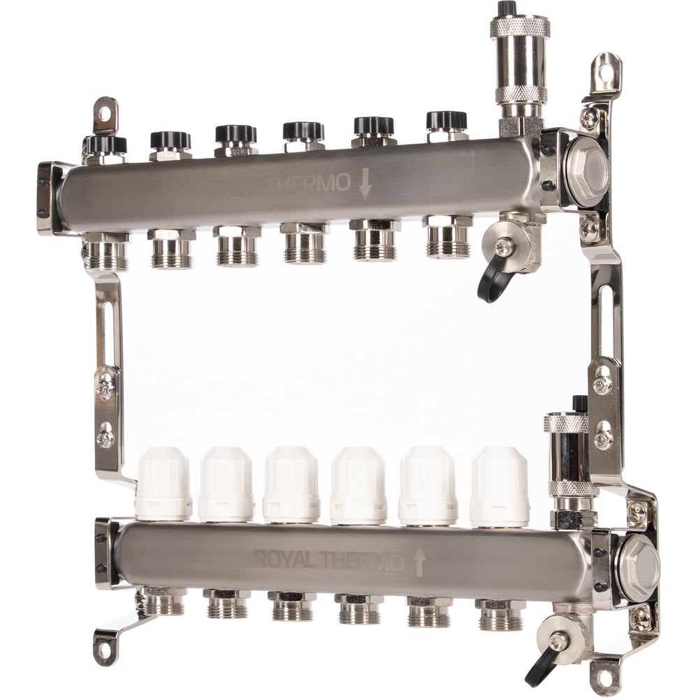 Изображение товара Коллектор ROYAL THERMO нержавеющая сталь 2 контура, автоматические воздухоотводы, 12 присоединений