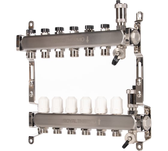 Изображение товара Коллектор ROYAL THERMO нержавеющая сталь, в сборе, универсальный, 1 ВР-3/4 НР, с автоматоматическими воздухоотводами, 6 выходов НС-1665641