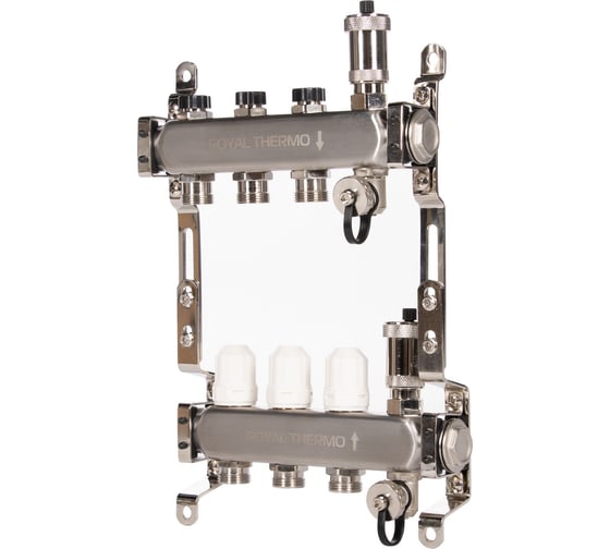 Изображение товара Коллектор ROYAL THERMO нержавеющая сталь, в сборе, универсальный, 1 ВР-3/4 НР, с автоматоматическими воздухоотводами, 3 выхода НС-1665638