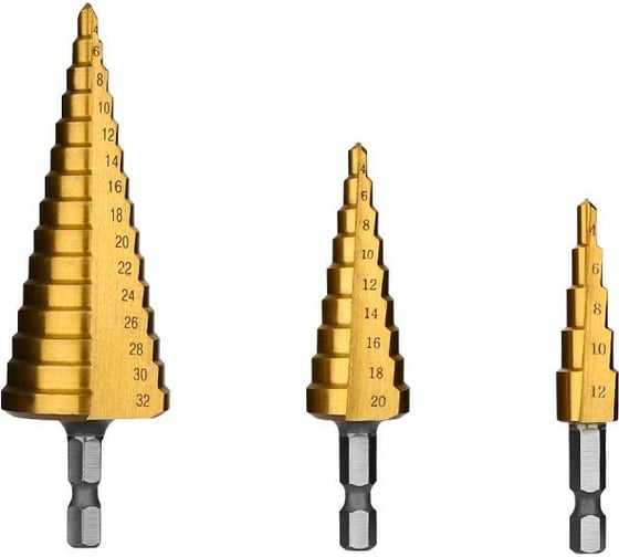 Изображение товара Набор ступенчатых сверл SD03 (3 шт; 4-12; 4-20 мм; 4-32 мм; шестигранный хвостовик) DEKO 065-0533