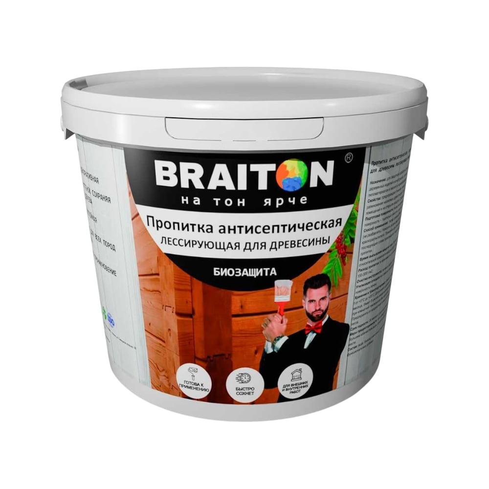 Изображение товара Пропитка антисептическая акриловая BRAITON paint для древесины, лессирующая биозащита, 1 кг, цвет Вишня pb81