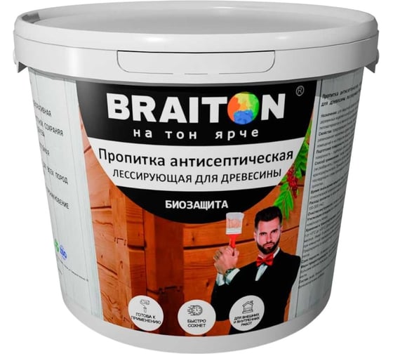 Изображение товара Пропитка антисептическая акриловая BRAITON paint для древесины, лессирующая биозащита, 2 кг, цвет Калужница pb52