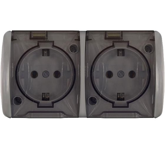 Изображение товара Розетка двухместная UNIVersal серия Клио, с прозрачной крышкой, IP54, с/з, о/у, 16А, 220В, серый, еврослот К2232-Gr