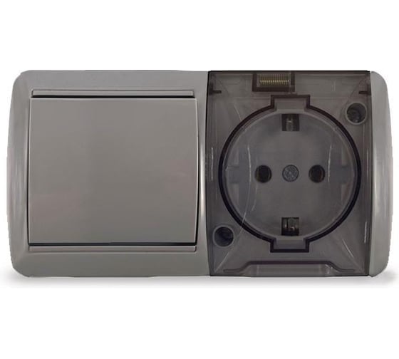 Изображение товара Блок горизонтальный UNIVersal серия Клио, о/у, выключатель одноклавишный + розетка одноместная с прозрачной крышкой, IP54, с/з, 16А, 220В, серый, еврослот К2237-Gr