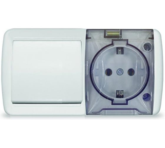 Изображение товара Блок горизонтальный UNIVersal серия Клио, о/у, выключатель одноклавишный + розетка одноместная с прозрачной крышкой, IP54, с/з, 16А, 220В, белый, еврослот К2237