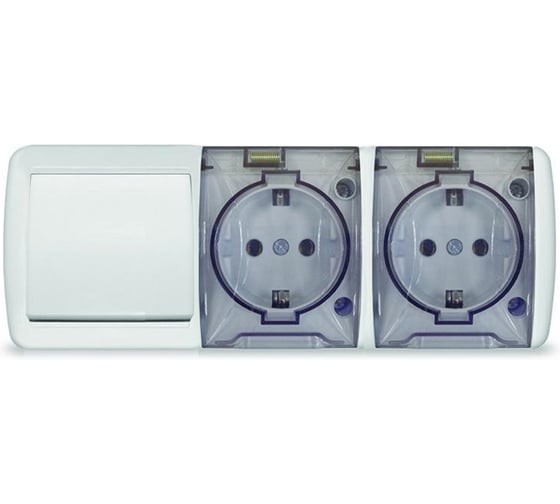 Изображение товара Блок горизонтальный UNIVersal серия Клио, о/у, выключатель одноклавишный + розетка двухместная с прозрачной крышкой, IP54, с/з, 16А, 220В, белый, еврослот К2238