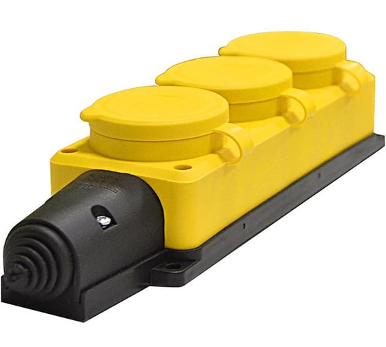 Изображение товара Колодка UNIVersal 3-х местная, однофазная, с заглушками, КОМПАКТ, с/з, каучук, 16А, 250В, IP44, желтый, еврослот 3083