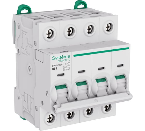 Изображение товара Автоматический выключатель (АВ) Systeme Electric Systeme9 хар-ка B, 63 A, 4 P, 6 kA, 400 В S9F21463