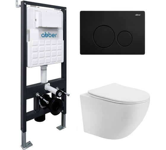 Изображение товара Комплект подвесной унитаз ABBER Bequem AC1100T белый с инсталляцией AC0105 и кнопкой AC0121MB черный матовый AC1100T-AC0105-AC0121MB