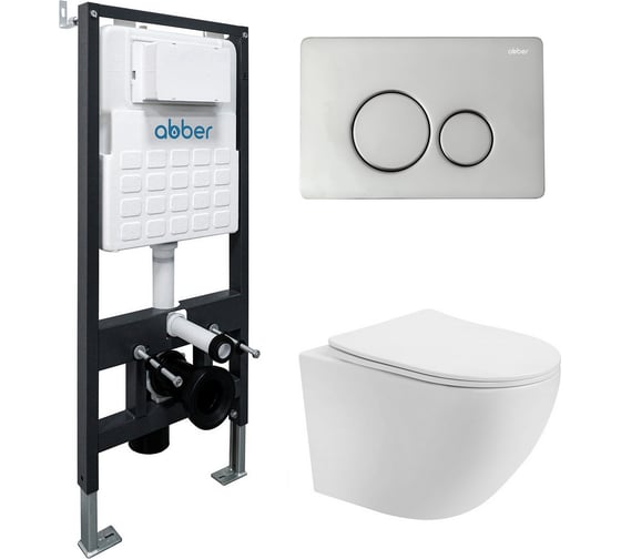 Изображение товара Комплект подвесной унитаз ABBER Bequem AC1100T белый с инсталляцией AC0105 и кнопкой AC0121 хром AC1100T-AC0105-AC0121