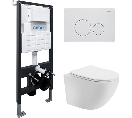 Изображение товара Комплект подвесной унитаз ABBER Bequem AC1100T белый с инсталляцией AC0105 и кнопкой AC0121MW белая матовая AC1100T-AC0105-AC0121MW