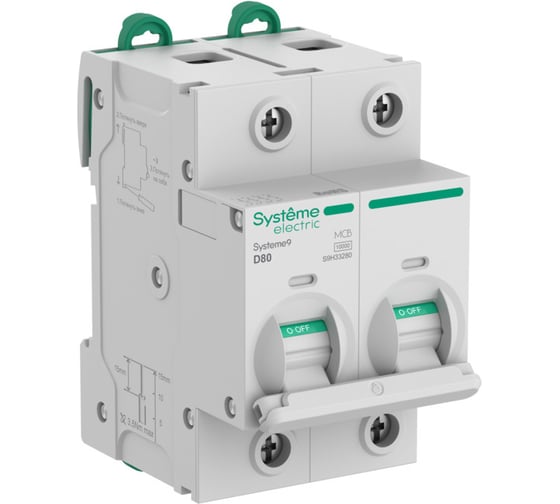Изображение товара Автоматический выключатель (АВ) Systeme Electric Systeme9 27 мм, хар-ка D, 80 A, 2 P, 10 kA, 400 В S9H33280