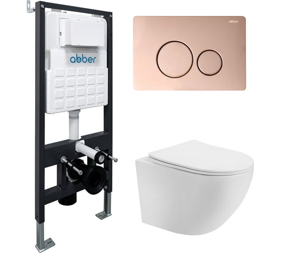 Изображение товара Комплект подвесной унитаз ABBER Bequem AC1100T белый с инсталляцией AC0105 и кнопкой AC0121RG золото розовое AC1100T-AC0105-AC0121RG