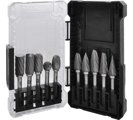 Изображение товара Набор бор-фрез твердоспланых Thorvik TRRB080610-2S тип A, B, C, D, E, F, G, H, L, M, 8 мм, двойная насечка, в кейсе, 10 предметов 057046