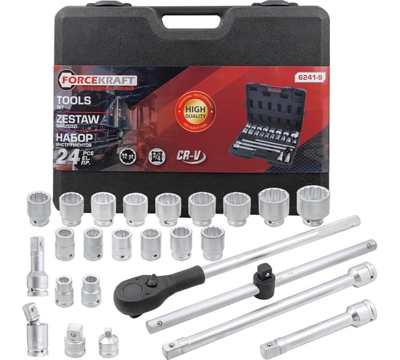 Изображение товара Набор инструментов Forcekraft 24 предмета 3/4''12гр.(17,19,21,22,24,27,30,32,33,34,35,36,38,41,46,50), в кейсе FK-6241-9(64498)
