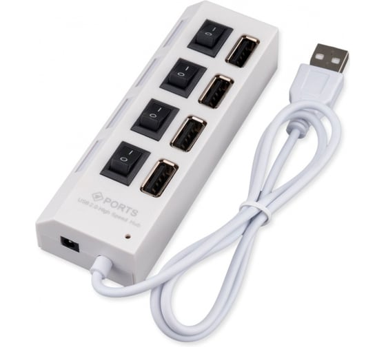 Изображение товара Разветвитель Gembird USB2.0, 4хUSB, с доп. питанием, подсветка и выключатели, кабель USB 55см, белый, коробка UHB-243-ADW