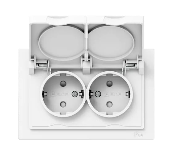 Изображение товара Механизм розетки двойной EKF Эпика 16А, IP44, с заземлением, со шторками, с рамкой, с крышками, белый UP1-SOW-211-44