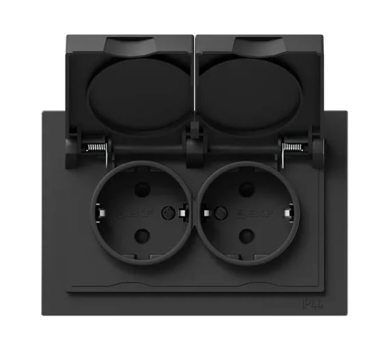 Изображение товара Механизм розетки двойной EKF Эпика 16А, IP44, с заземлением, со шторками, с рамкой, с крышками, чёрный UP1-SOB-211-44