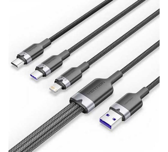 Изображение товара Кабель 3 в 1 VENTION USB 2.0 AM/ Micro-B, USB-C, Lightning M - 1.5м, черный 6A CTRBG