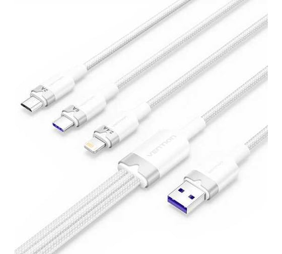 Изображение товара Кабель 3 в 1 VENTION USB 2.0 AM/ Micro-B, USB-C, Lightning M - 1.5м, белый 6A CTRWG