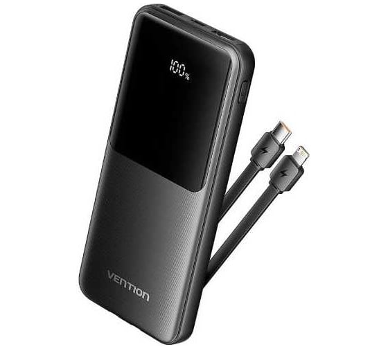 Изображение товара Power Bank VENTION 10000mAh (Micro-USB/C/A/A) со встроенными кабелями 22.5W черный с LED-дисплеем FHOB0