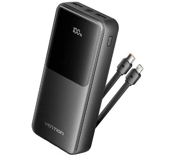 Изображение товара Power Bank VENTION 20000mAh (Micro-USB/C/A/A) со встроенными кабелями 22.5W черный с LED-дисплеем FHPB0
