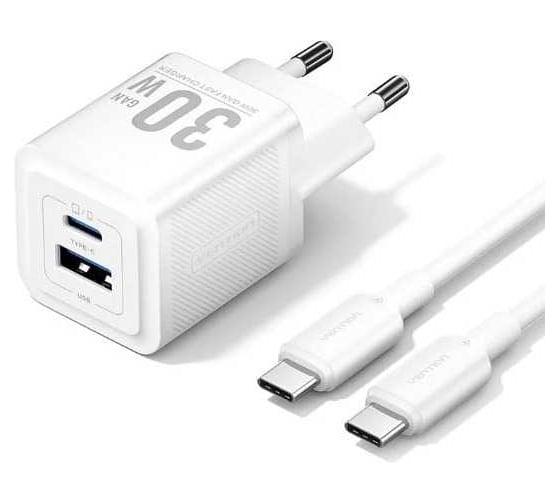 Изображение товара Набор для зарядки VENTION GaN 30W з/у 2 порта USB (C + A) и кабель USB-C 3А белый TZ-FEQW0-EU-01
