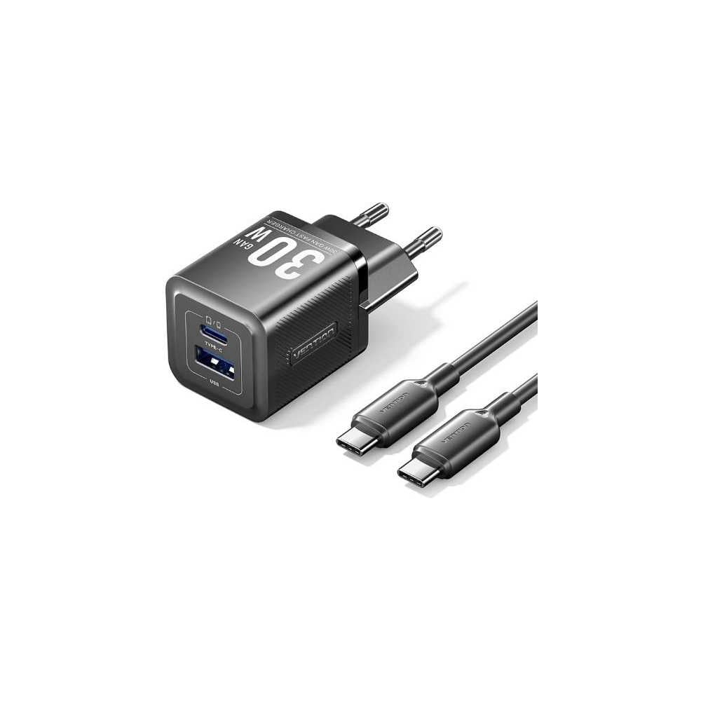 Изображение товара Мощный быстрый сетевой адаптер VENTION GaN 30W с двумя портами USB Type-C и USB A