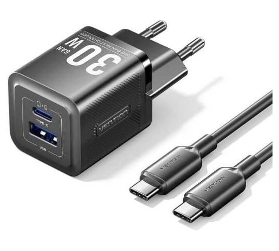 Изображение товара Набор для зарядки VENTION GaN 30W з/у 2 порта USB (C + A) и кабель USB-C 3А черный TZ-FEQB0-EU-01