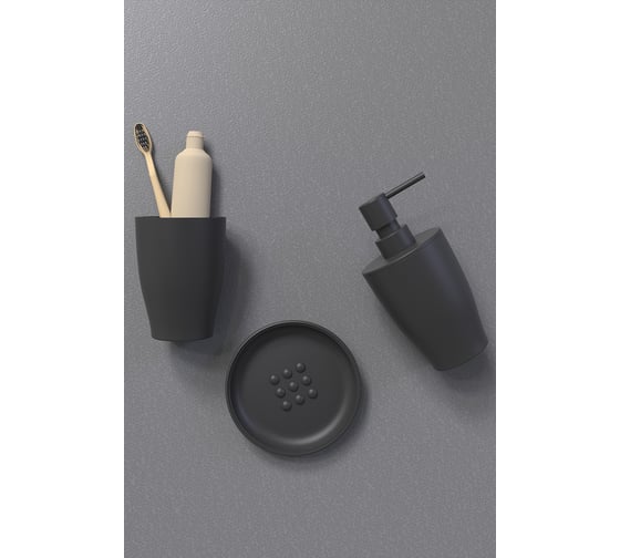 Изображение товара Набор аксессуаров для ванной PRIMANOVA PURE (черный) 3 предмета, пластик, 410 мл, 8,5x8,5x18 см, стакан 8,5x8,5x12 см, мыльница 13,5x13,5x2 см M-SAS15-06