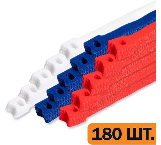 Изображение товара Стяжка-липучка Filum 110x11 мм, мягкая пряжка, 5 уп по 12 шт каждого цвета (белый, синий, красный), кабельный организатор FL-CMT-110-WBR-5