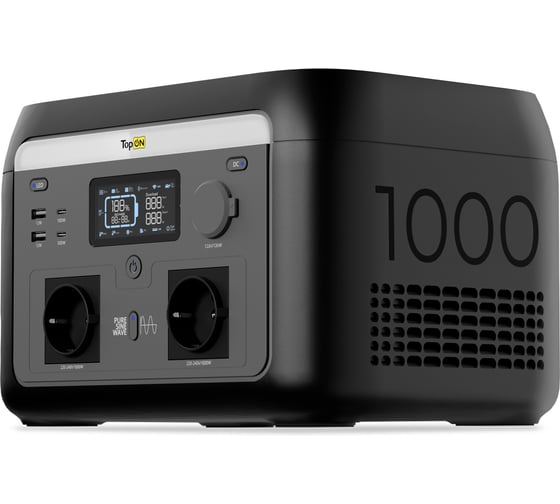 Изображение товара Портативная электростанция TopON LFP 1000 Вт, 2 розетки 220 В, авторозетка 12.6 В, 2 Type-C 100 Вт, 2 USB, фонарь, EPS, Wi-Fi/Bluetooth TOP-H1000