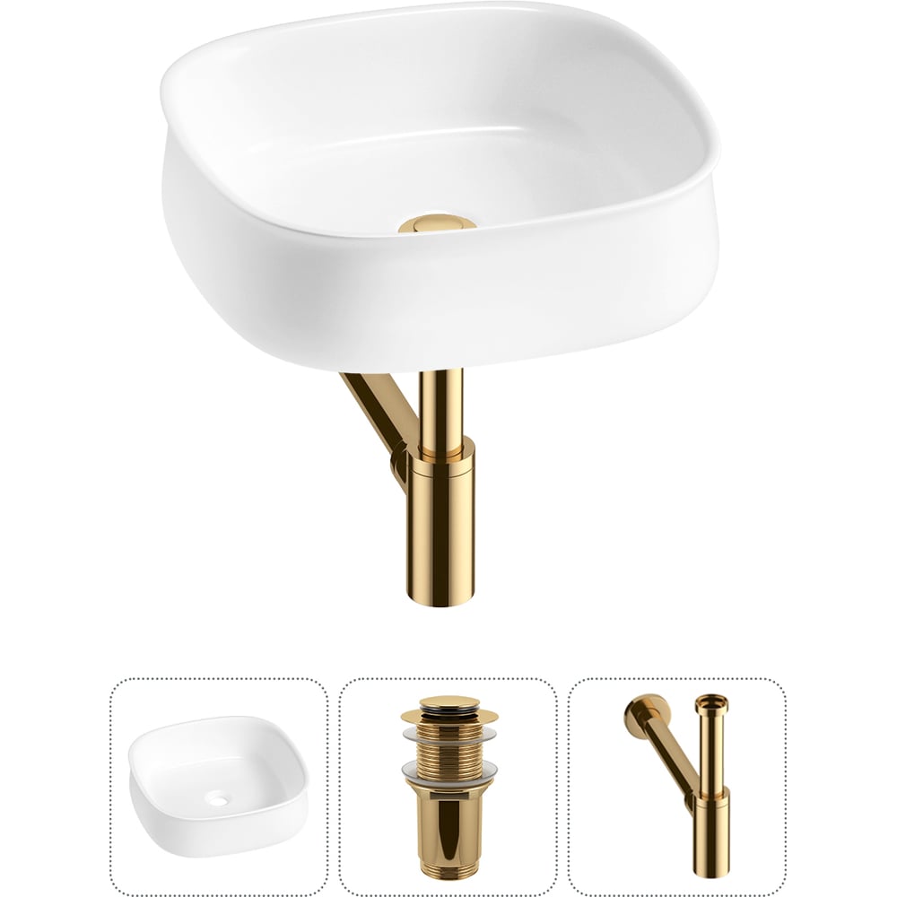 Изображение товара Комплект 3 в 1 Wellsee Накладная раковина для ванной 42x42 см фарфор торцевая современный стиль