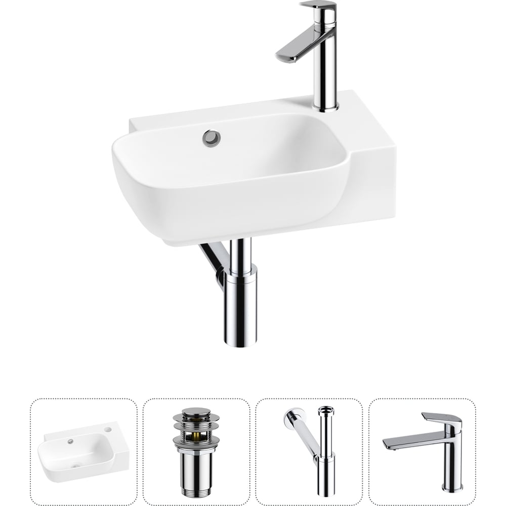 Изображение товара Комплект 4 в 1 раковина для ванной Wellsee 40x24 см с сифоном и смесителем