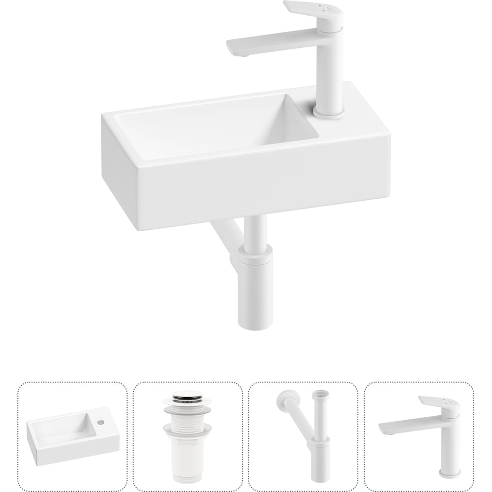 Изображение товара Комплект 4 в 1 Wellsee раковина накладная 40x20 см с сифоном и смесителем белая