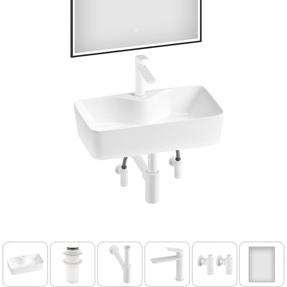 Изображение товара Комплект 6 в 1 Wellsee накладная раковина с сифоном и смесителем 54x30 см